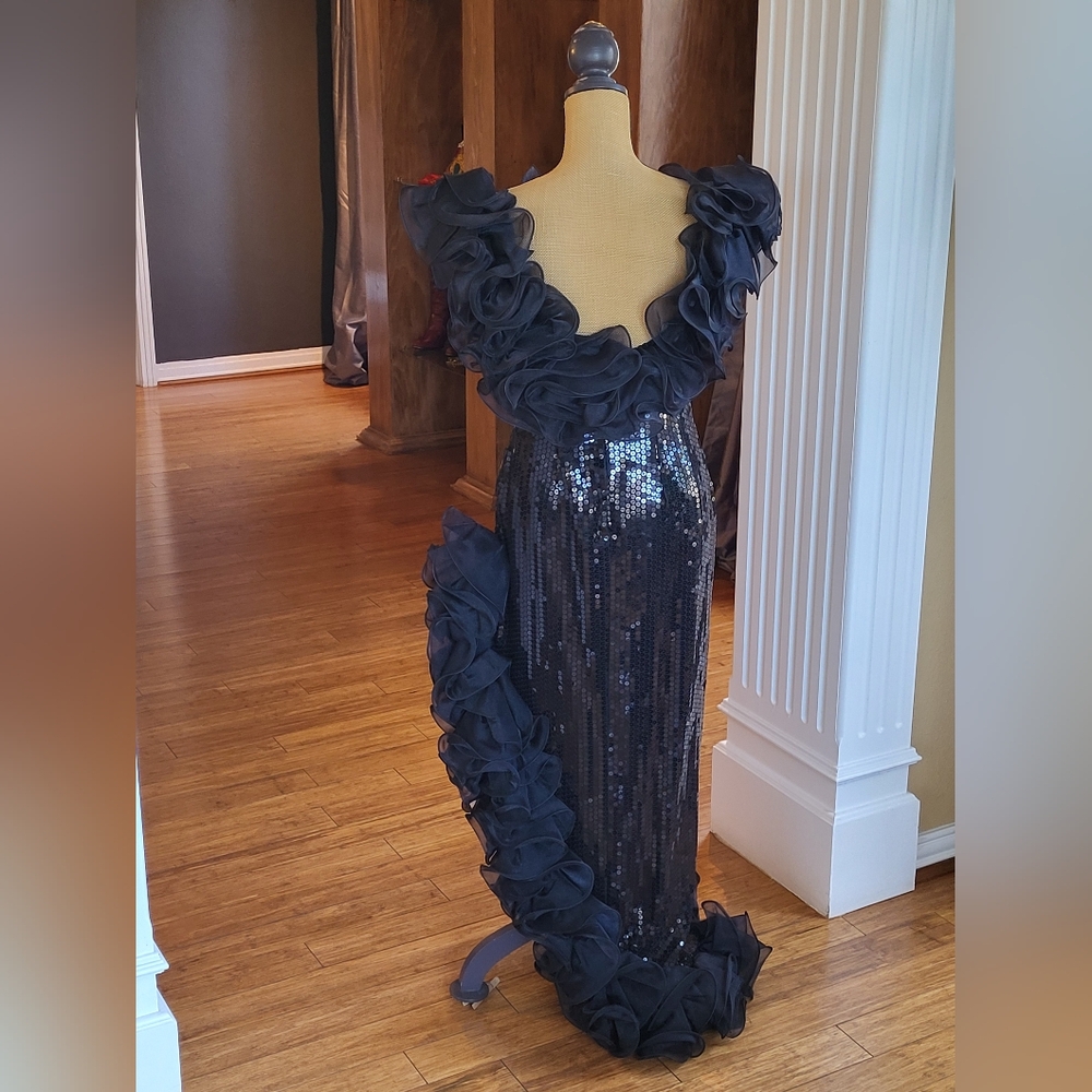 Alyce Designs Vintage 80s Black Sequined Full-Length Dress Size 12 - Picture 3 of 14